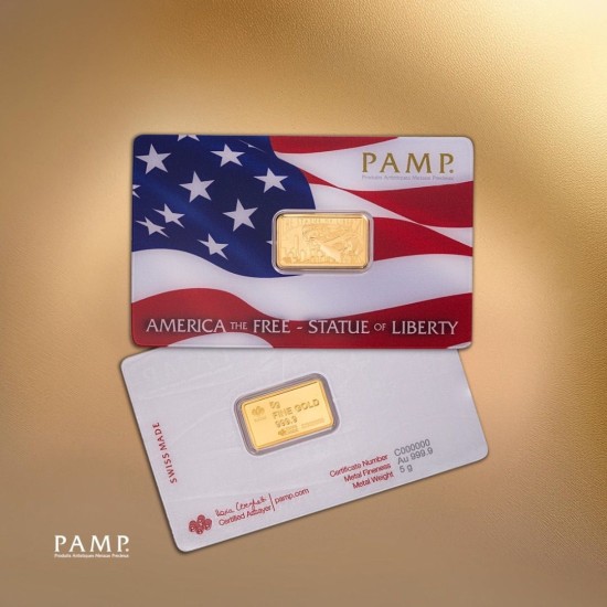 سبيكة USA التذكاريه من بامب السويسري  وزن : 5 غرام عيار : 24 سبيكة USA التذكاريه من بامب السويسري  وزن : 5 غرام عيار : 24